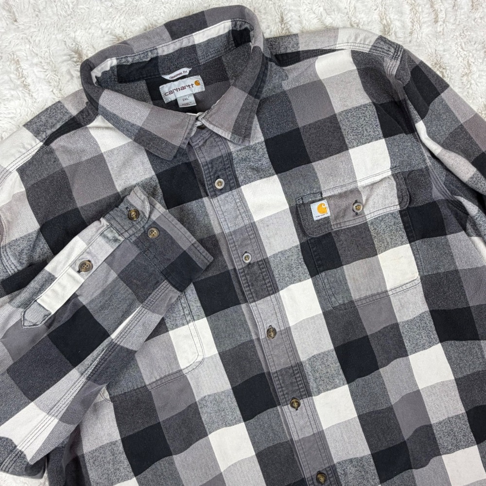Carhartt Mens 2XL Original Fit Buffalo Plaid Flannel Shirt Gray Black L/S
